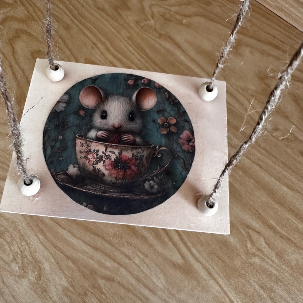 Hand crafted hanging floating shelf with mouse in teacup rustic rope wall shelf